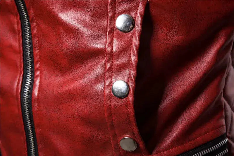 Simples Market red leather motorcycle jacket with metal snap buttons and front zipper