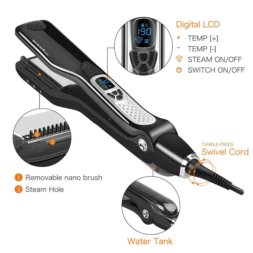 Simples Market steam flat iron with black ceramic tourmaline plates, LCD, water tank, and removable nano brush