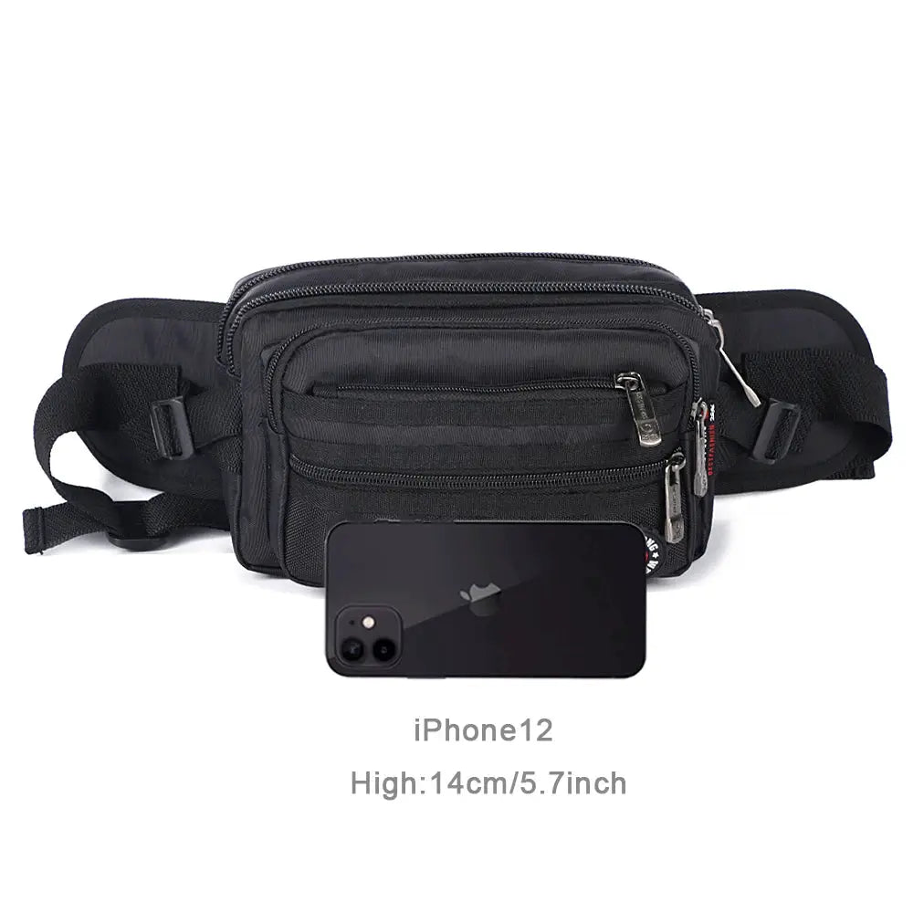 Simples Market black waist pack fanny bag, waterproof nylon with multiple zip pockets and adjustable strap