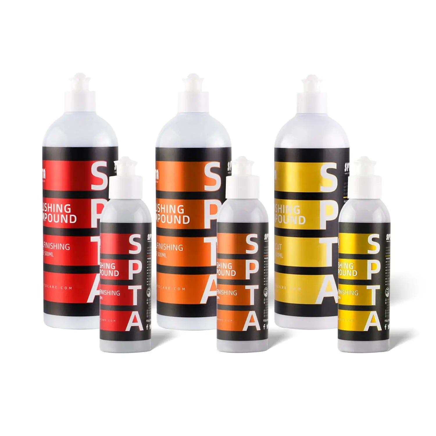 Simples Market SPTA car scratch remover polishing wax set; five bottles with red, orange and yellow labels.