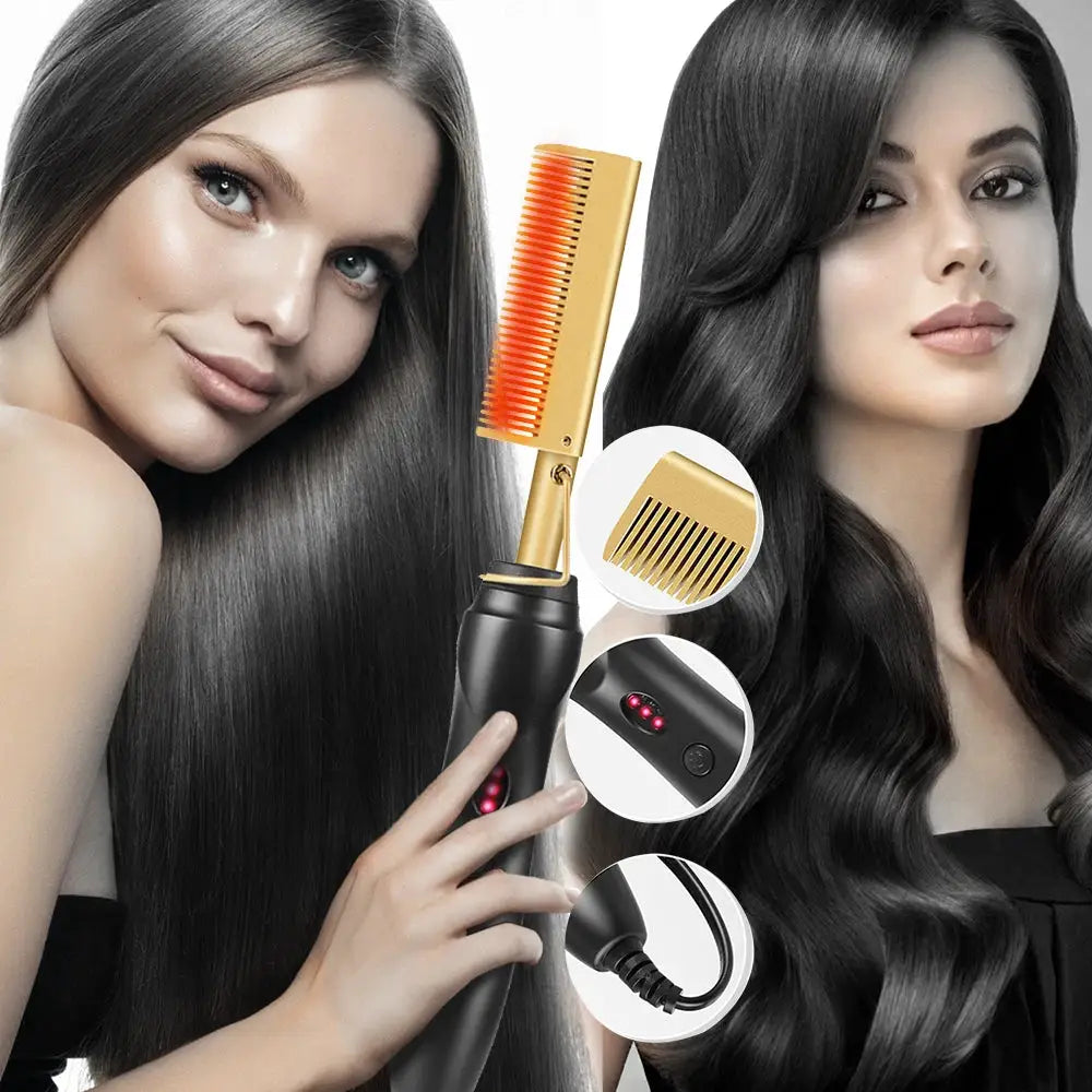 Simples Market 2-in-1 hot comb hair straightener, gold metal comb with black handle, portable travel styling tool