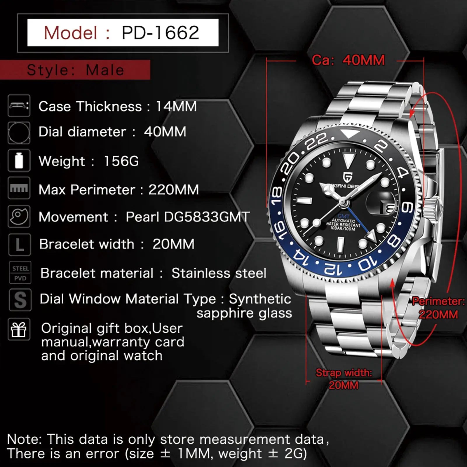 PAGANI DESIGN luxury men's mechanical GMT watch, stainless steel bracelet, sapphire glass