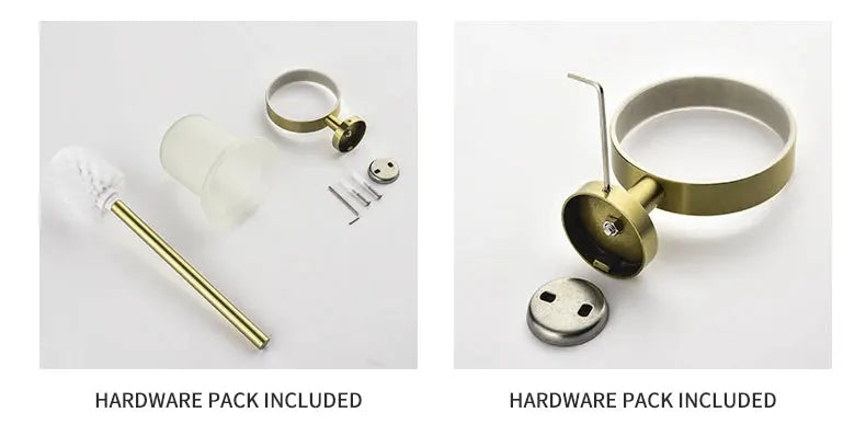 Brushed gold bathroom hardware set by Simples Market: toilet brush, robe hook, paper holder, soap dish, wall mount.