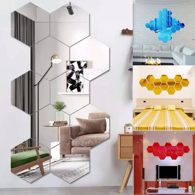 Hexagon 3D mirror wall sticker set, self-adhesive mirror decals for DIY decor, 6/12 pcs, 126mm each