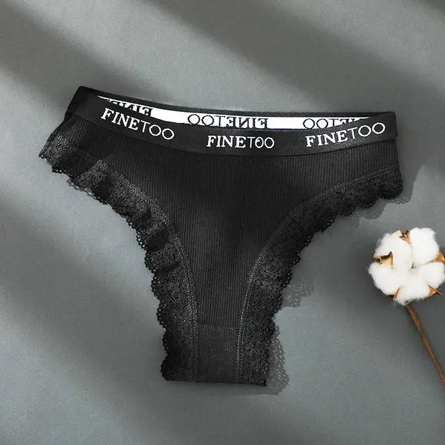 Black cotton lace panties with Finetoo waistband, seamless Brazilian-style women's underwear, sizes M-XXL