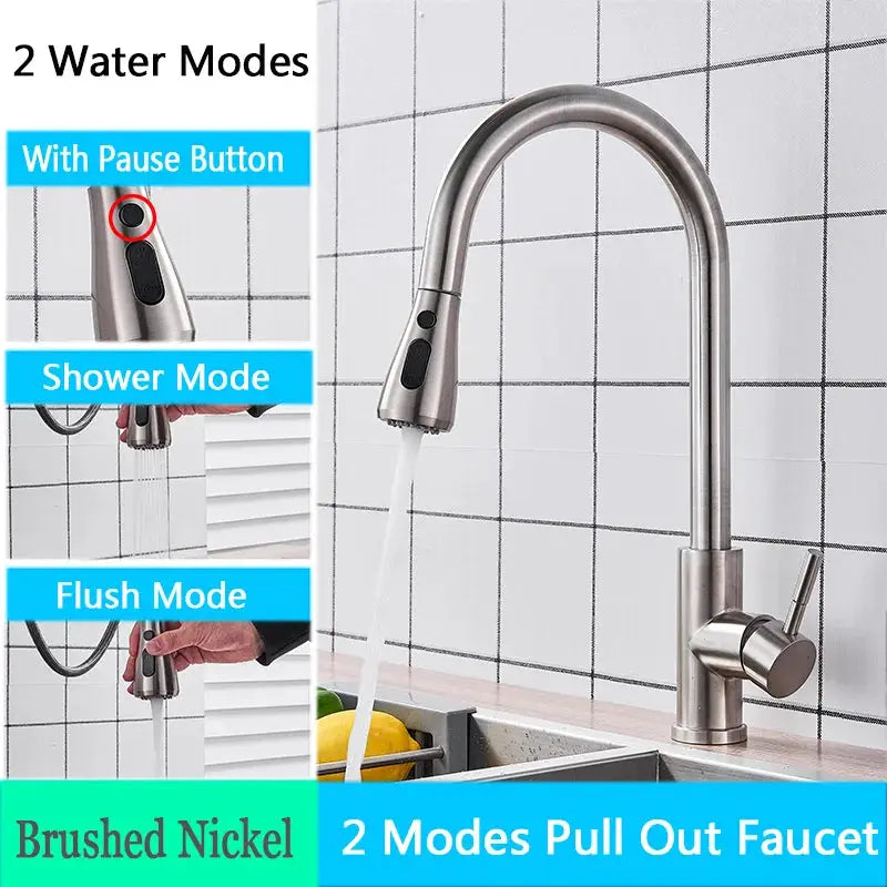 Brushed nickel kitchen faucet with flexible pull-out spray head and two spray modes