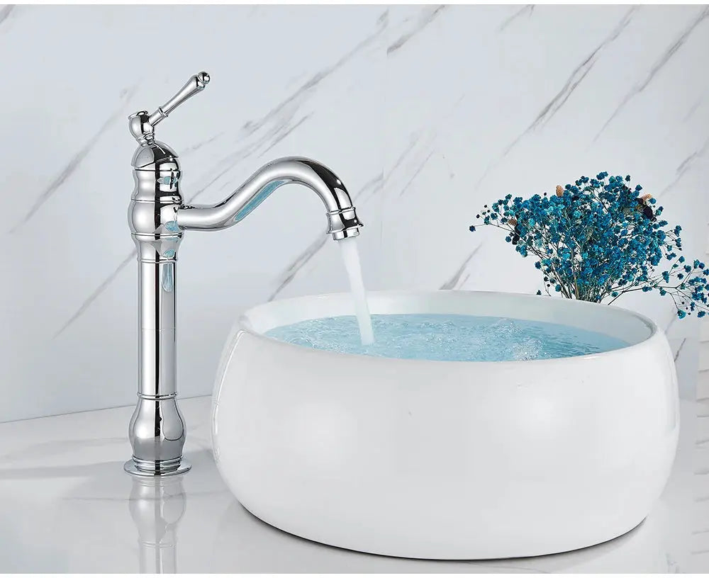 Polished chrome vessel sink faucet, deck-mounted one-hole installation with curved spout and single lever.