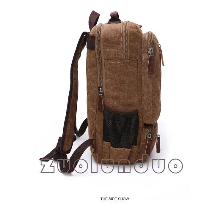 Vintage Canvas Backpack by Simples Market, brown canvas with multiple zip pockets and a mesh side pocket.