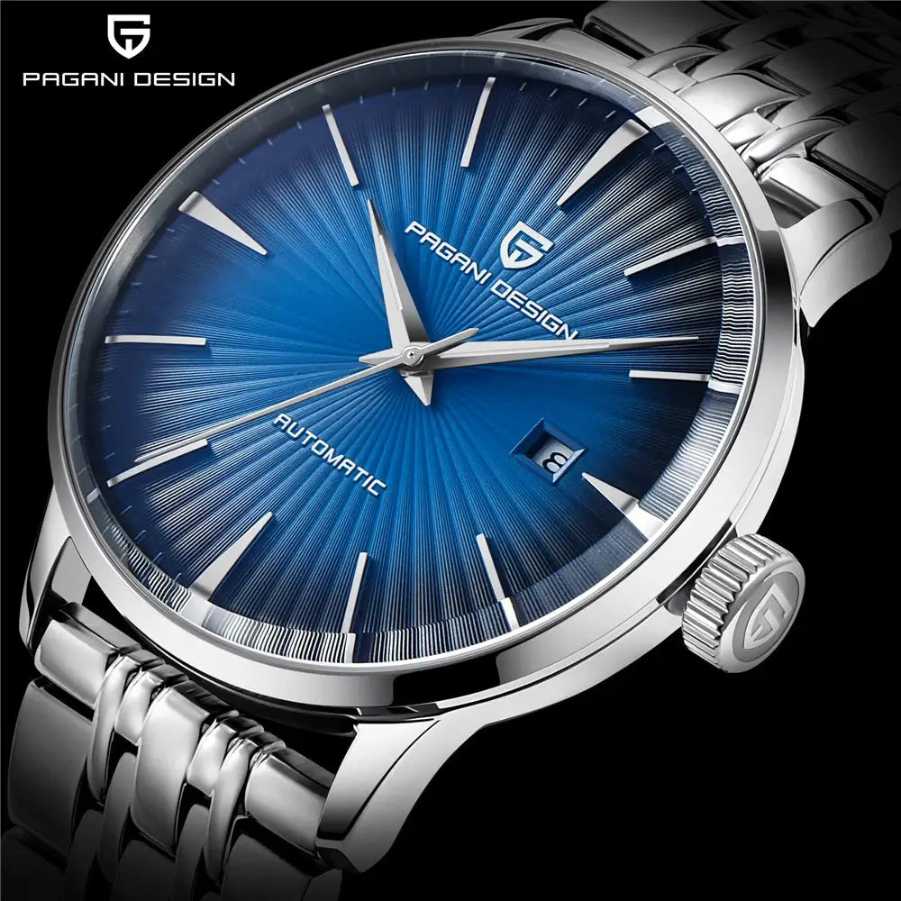 PAGANI DESIGN men's wristwatch with blue sunburst dial, automatic movement and stainless steel bracelet