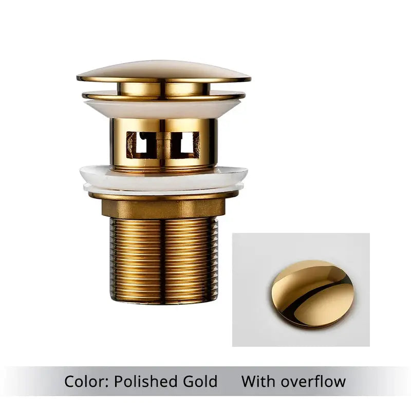 Bagnolux polished gold pop-up drain stopper with overflow for vessel sink by Simples Market.