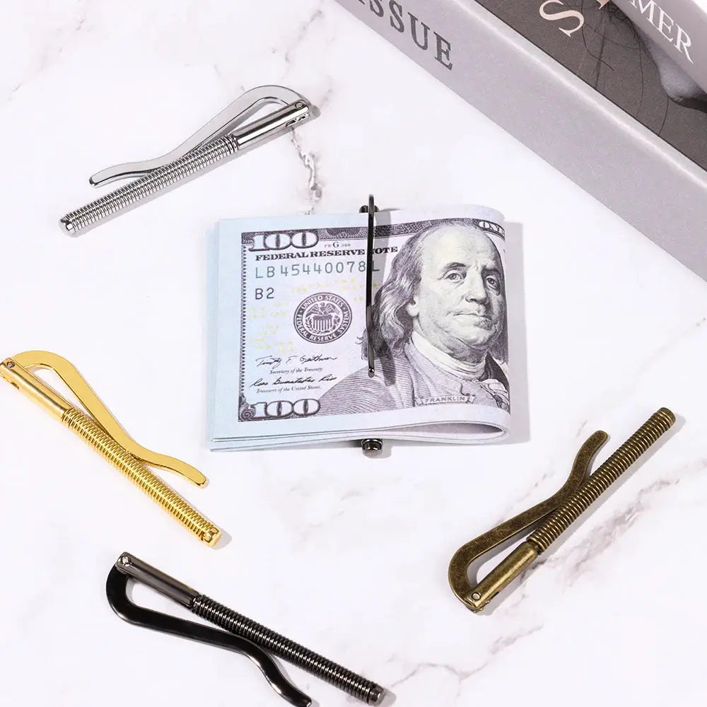 Simples Market metal money clip wallet with spring clamp; four clips in silver, gold, bronze and black hold cash