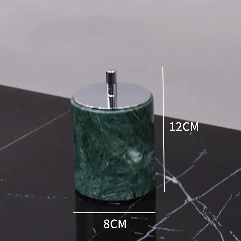 Soap dispenser in Indian green natural marble; bathroom accessory, 12 cm tall, 8 cm diameter
