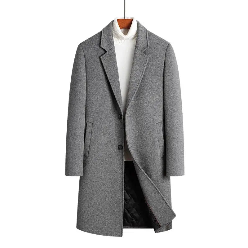 Winter wool coat for men by Simples Market, gray long wool-blend trench with notch lapels and single-button front