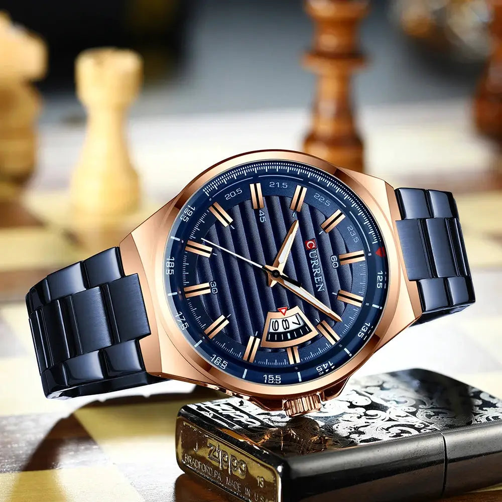 CURREN men's luxury watch with blue textured dial, rose-gold case, blue stainless steel band, date display