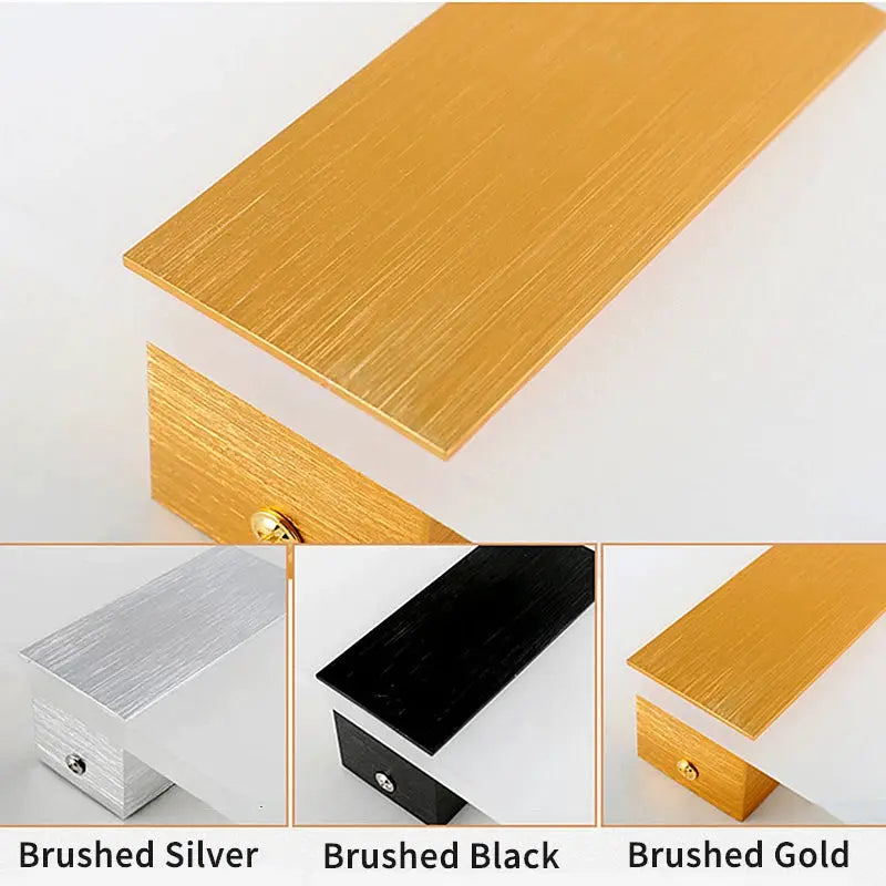 Simples Market modern mini LED wall lamp in brushed gold; four-finish collage shows silver and black options