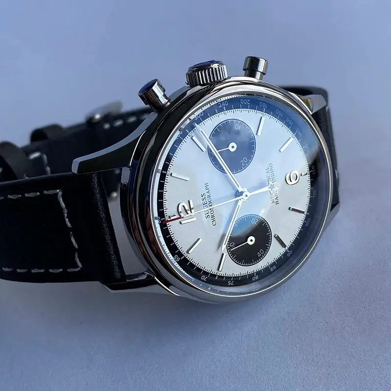 Sugess 1963 Pilot Panda chronograph watch with stainless steel case and black leather strap