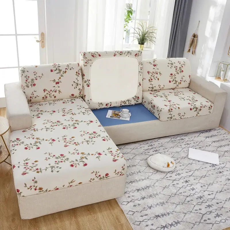 Corner sofa slipcover set with beige floral fabric; elastic stretch, pet-friendly furniture protector