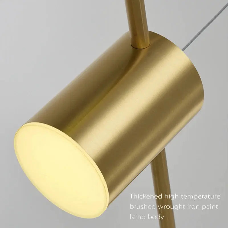 Modern LED pendant light in brushed brass finish; cylindrical ceiling pendant for living room or dining, dimmable.