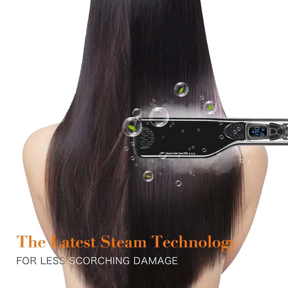 Professional steam hair straightener with digital display, black with ceramic tourmaline plates