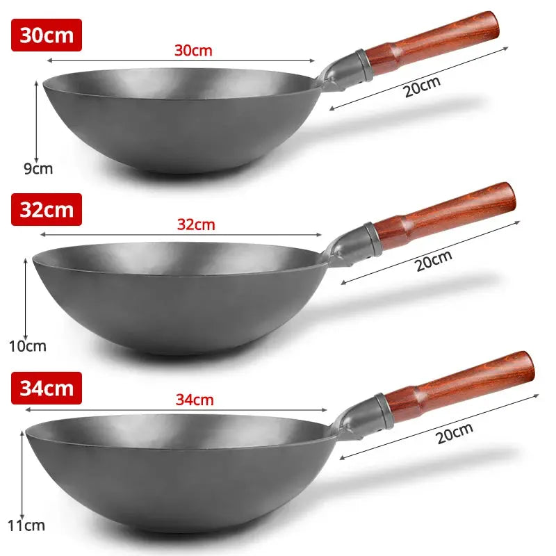 Hand Hammered Iron Wok With Wooden Handle No Coating Traditional Iron Pan For High Heat Stir Fry Kitchen Cookware