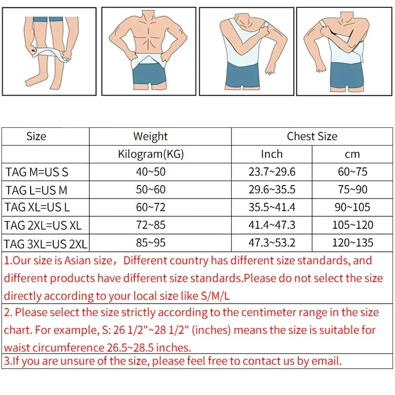 Simples Market men's slimming body shaper shapewear with abdominal compression; wear diagrams and size chart.