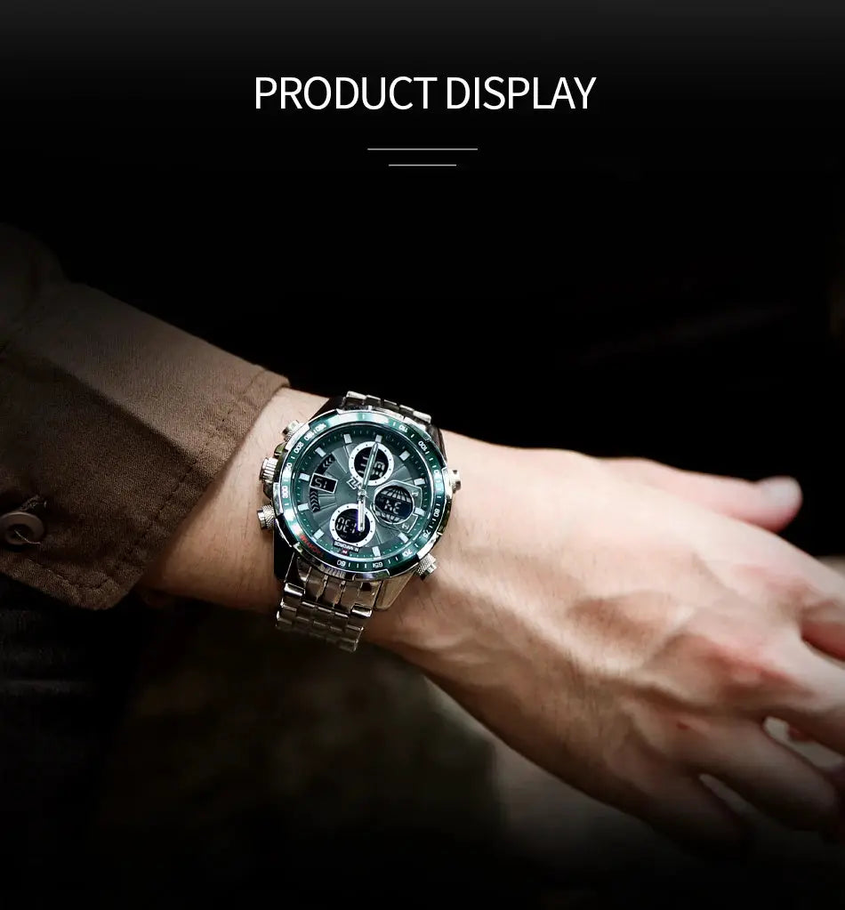 Naviforce men's stainless steel wristwatch with green bezel, chronograph subdials, luminous display