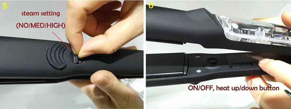 Steam hair straightener with ceramic vapor, black; adjustable steam settings and on/off heat controls