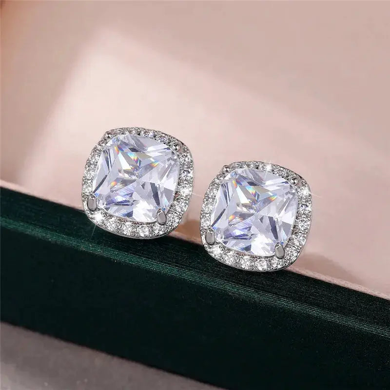 Huitan cushion-shape cubic zirconia stud earrings, silver-tone metal, Simples Market pair