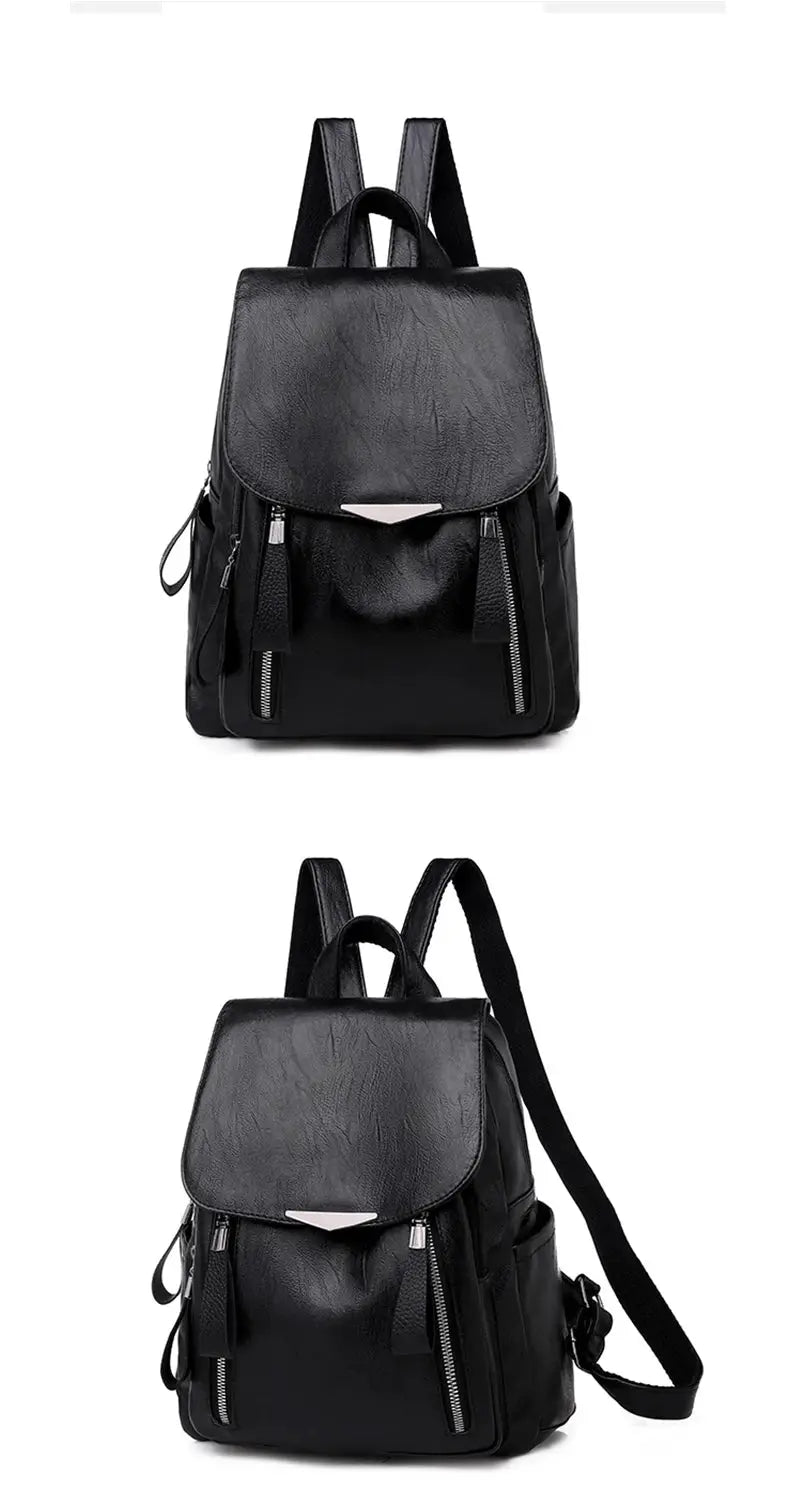 Yogodlns luxury backpack for women in black PU leather with dual front zipper pockets, large capacity and top flap.