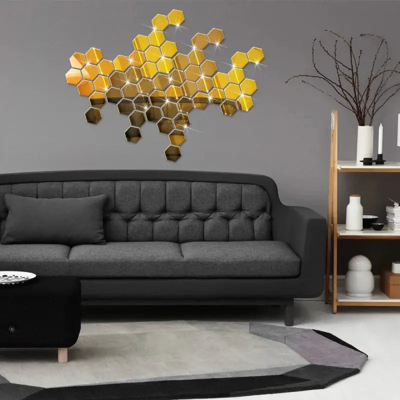 6/12pcs 3D mirror hexagon wall stickers, gold honeycomb decals, 126mm each for modern living room decor
