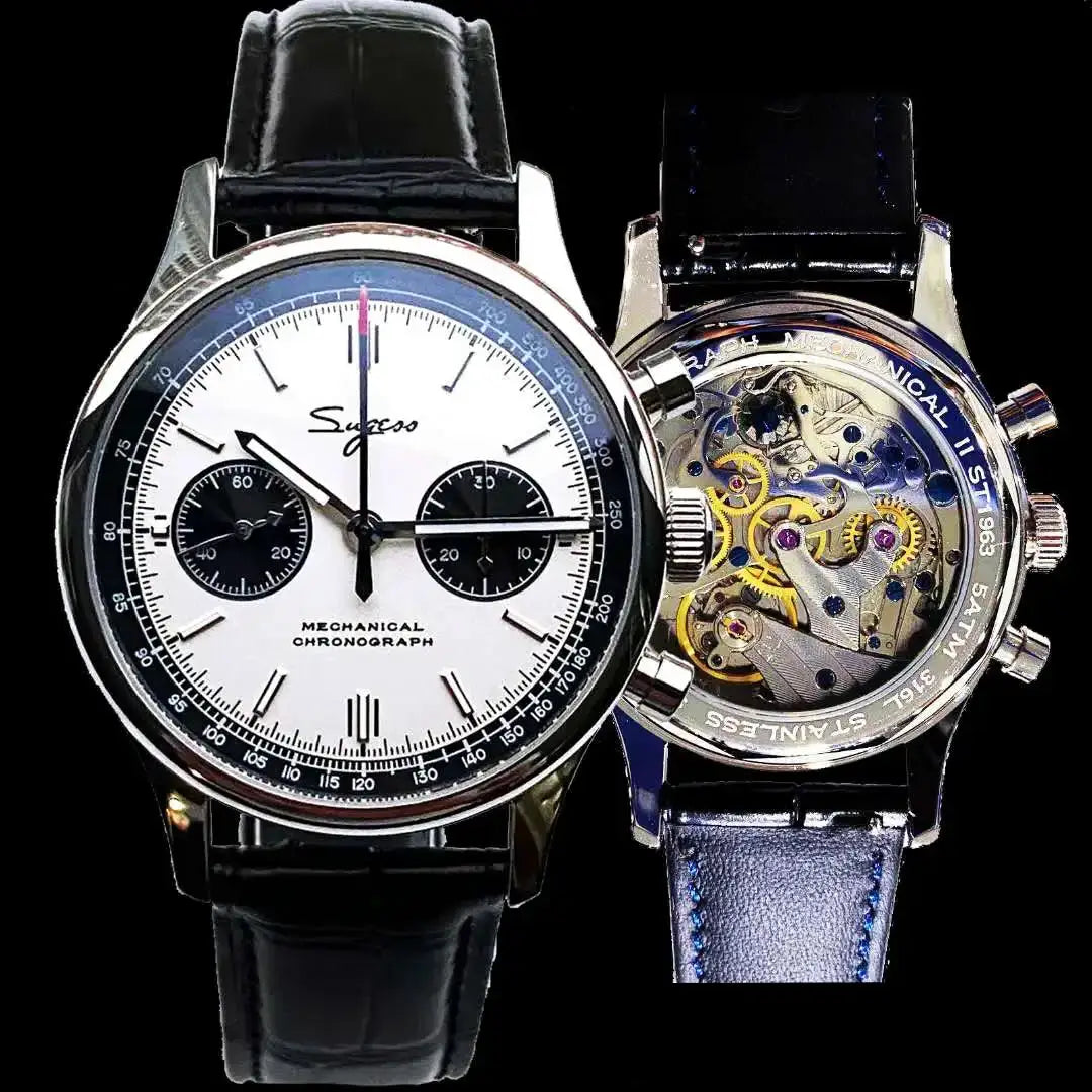 Two Simples Market pilot mechanical chronograph watches; white panda dial with black subdials and transparent caseback