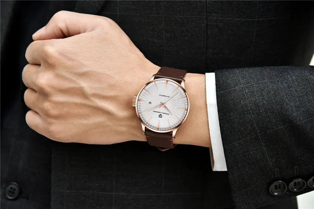Pagani Design men's watch with rose gold case, brown leather strap, white sunburst dial with date window