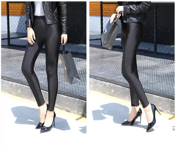 Black shiny fleece-lined high-waist leggings for women, autumn/winter slim-fit pants