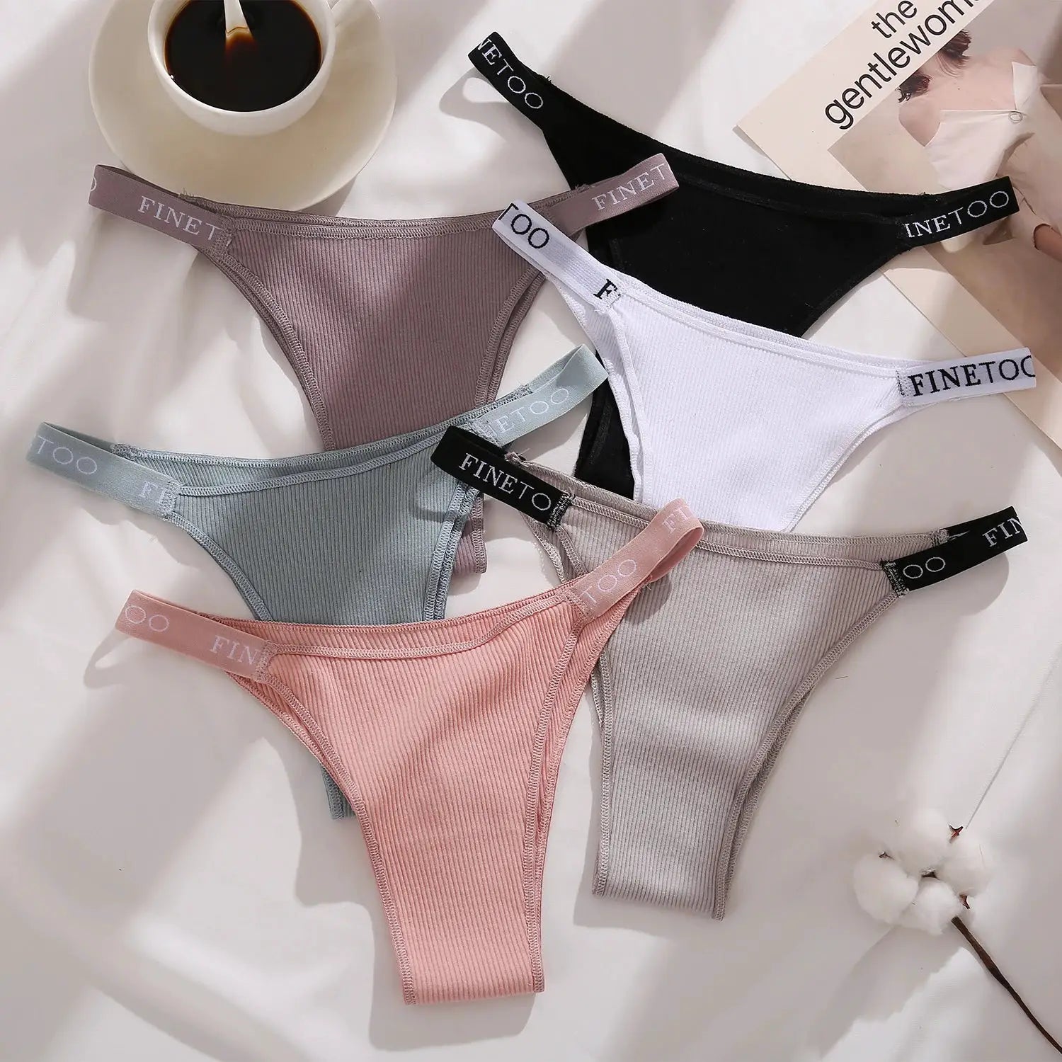 5-pack Finetoo cotton low-rise briefs for women; assorted colors mauve, black, white, blue-gray, pink