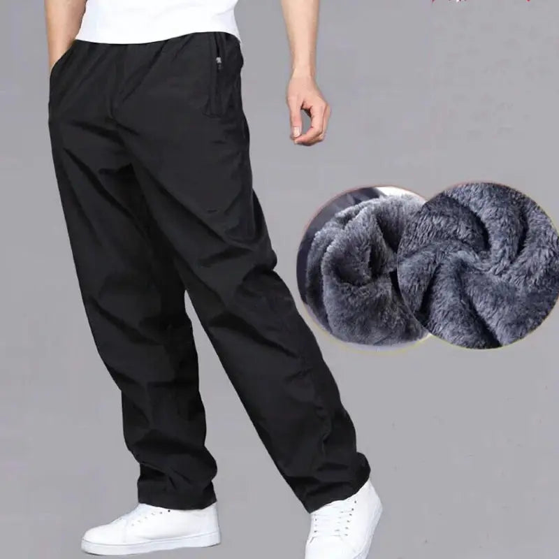 Men's sweatpants with plush velvet lining, black, loose straight fit, wear-resistant thick fabric