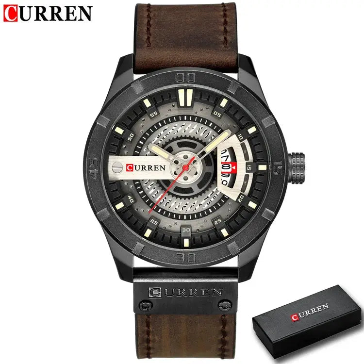 CURREN men's skeleton watch with brown leather strap, black case, date window, and box