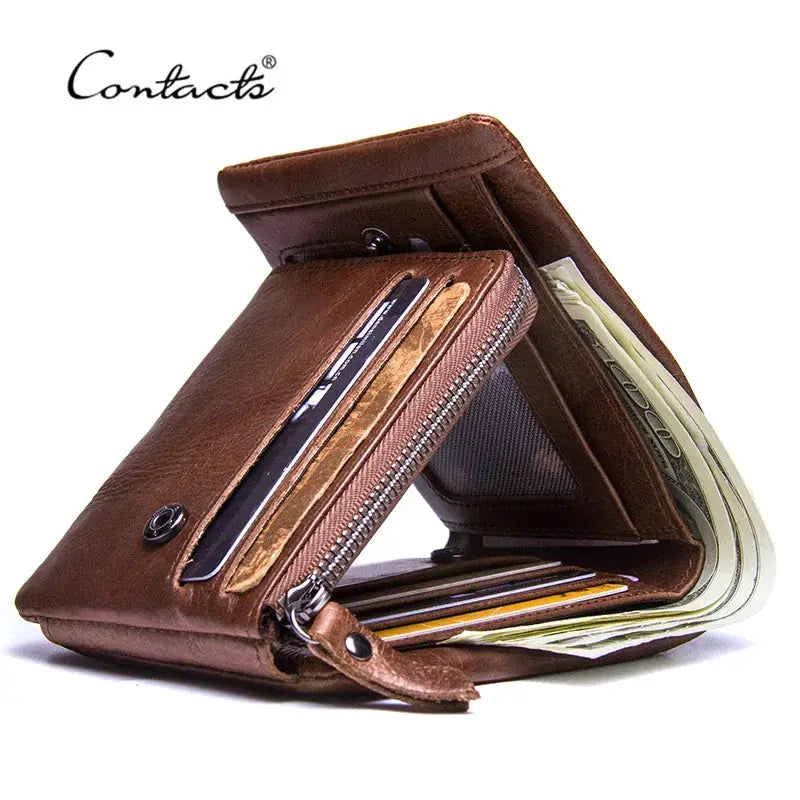 Contacts genuine Crazy Horse leather men's trifold wallet with zip coin pocket in brown cowhide