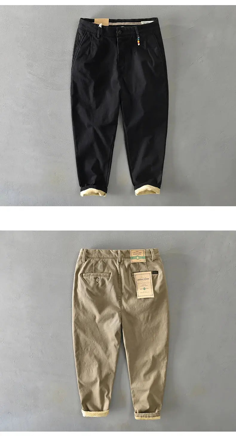Simples Market HIQOR 2025 men's winter cotton safari pants, two pairs in black and khaki, loose fit.