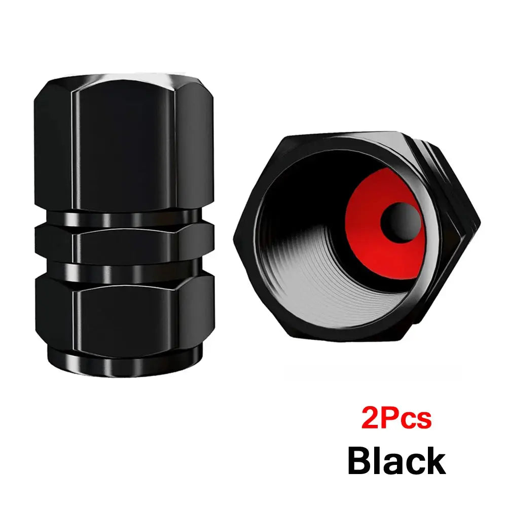 Tire valve caps 2-pack in black aluminum alloy, hex-style rim stem covers