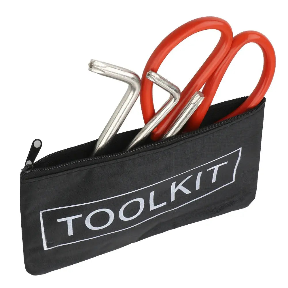 Black canvas toolkit bag with TOOLKIT print; zippered pouch shows red curved handles and silver L-shaped wrenches.