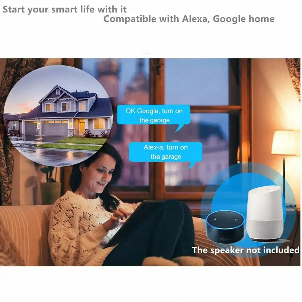 Garage door opener controller by Simples Market, white WiFi device compatible with Alexa and Google Home
