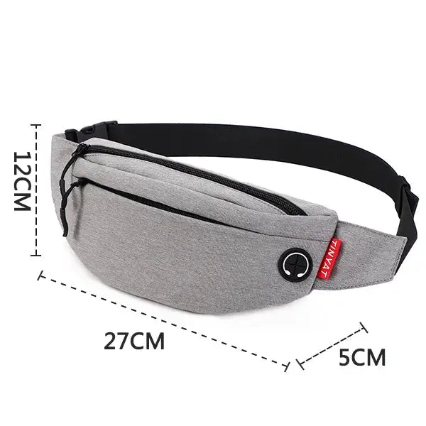 Waist bag fanny pack in gray fabric with black adjustable strap and zip pockets; red TINYAT tag.