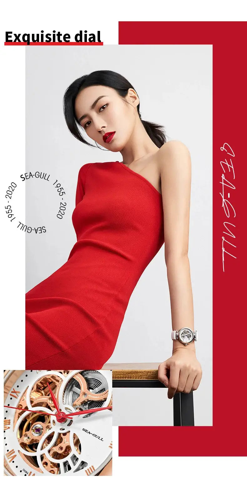 Sea-Gull skeleton watch for ladies with leather strap; automatic movement, waterproof