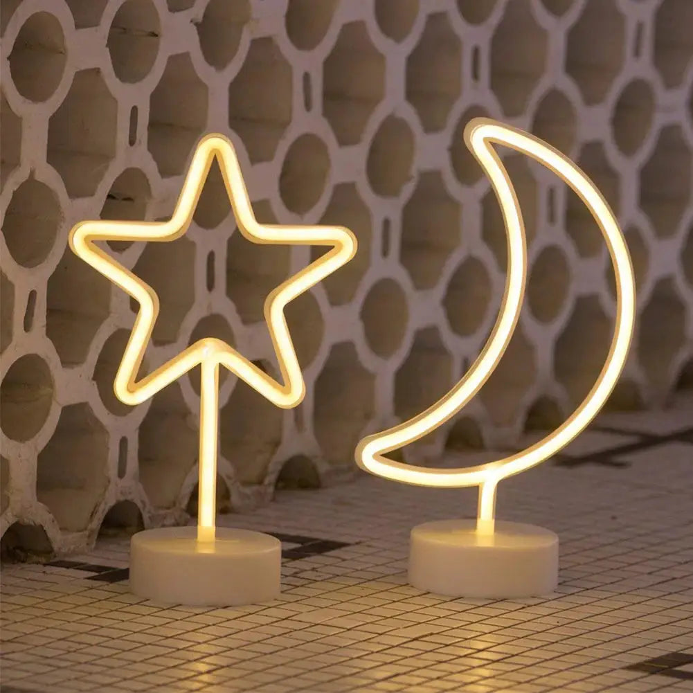 Neon LED star and crescent moon decorative lights set of two USB-powered with warm white glow on white bases