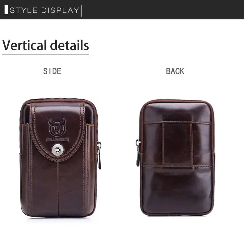BULLCAPTAIN men's brown leather belt waist bag; side and back views showing a front logo flap.