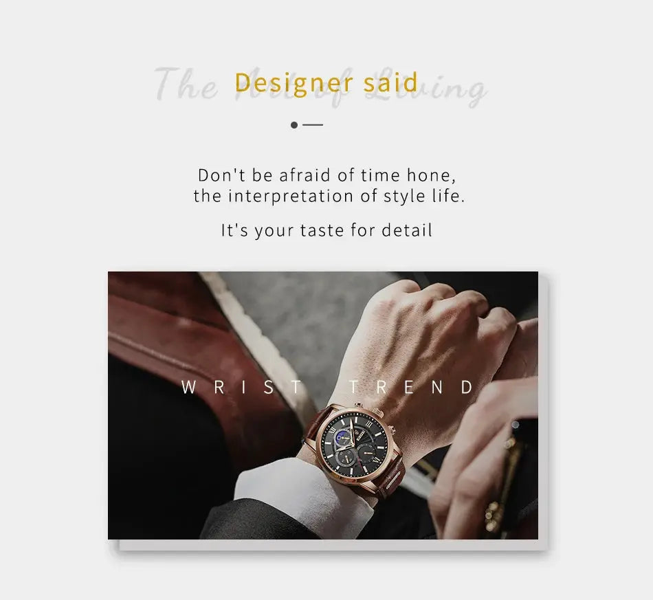 Men's brown leather-strap wristwatch with gold-tone case and black dial
