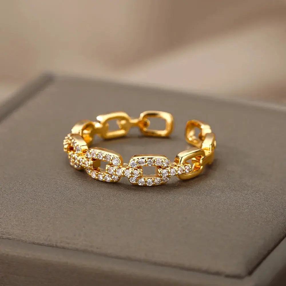 Classic Zircon Twist Chain Ring For Women Stainless Steel 18K Gold Plated Wedding Jewelry Gift Free Shipping
