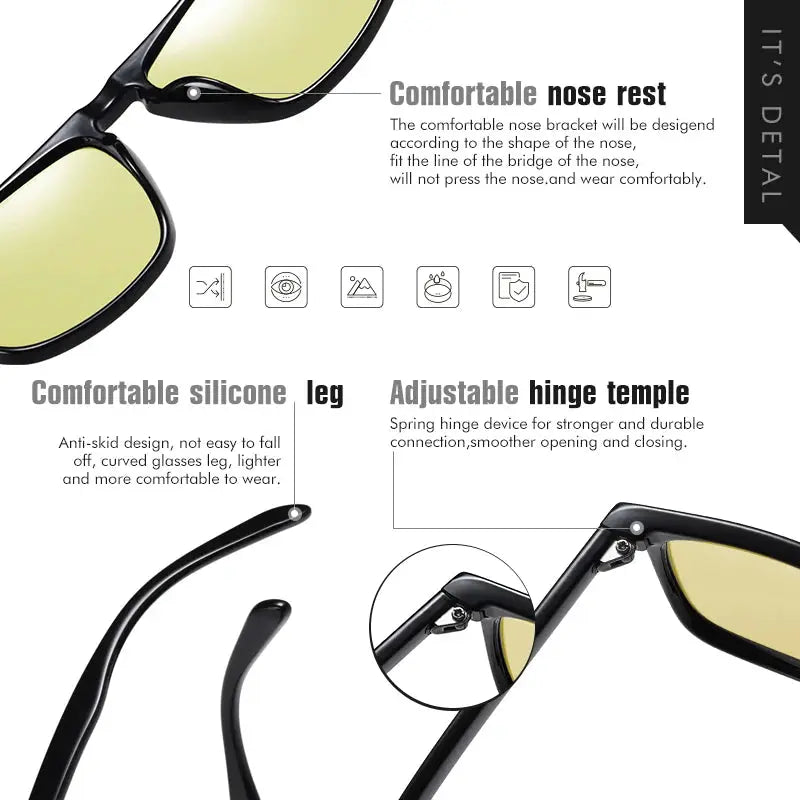 Rivet Square Photochromic Sunglasses Polarized Day Night Vision With Anti Glare Unisex