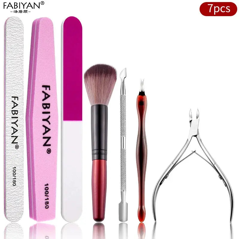 7-piece manicure set by FABIYAN with nail files, buffers, brush, dotting pen, cuticle pusher, and nail nipper