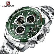 NAVIFORCE men's stainless steel sport watch with green dial, tachymeter bezel, dual digital-analog display, water resistant.